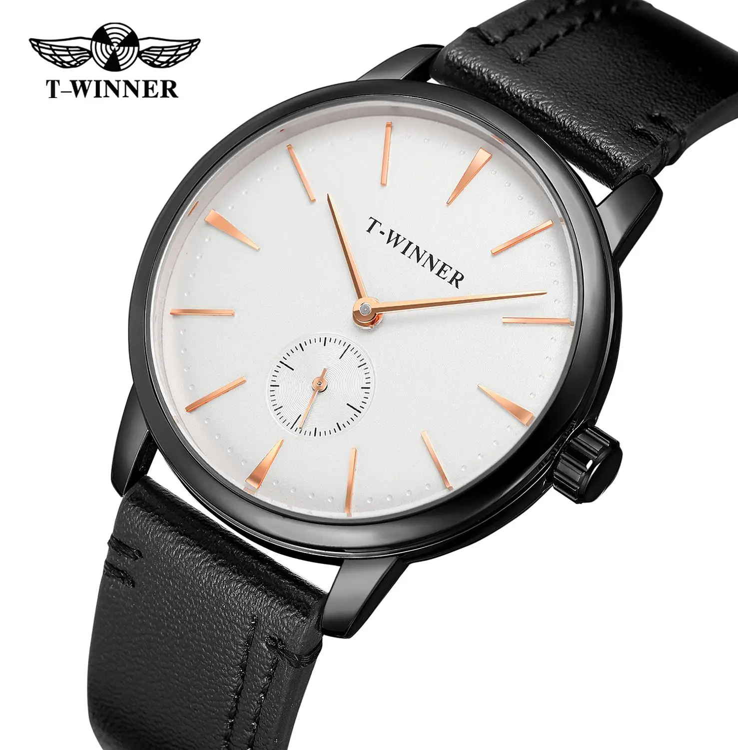 T-WINNER simple casual  men\'s and women\'s watch white dial rose gold time scale black leather strap automatic mechanical watch