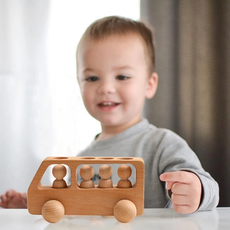 

1Set Montessori Wooden Toys for Kids Four Wheels Beech Wood Bus Little Doll Teething Blocks Educational Toys Baby Birthday Gift