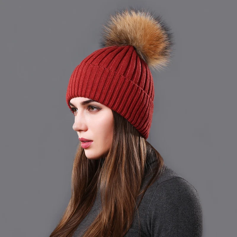 CNTANG Autumn Winter Hat Fashion Women Beanies Raccoon Fur Pompom Hats Casual Warm Knitted Wool Cap For Female Girls