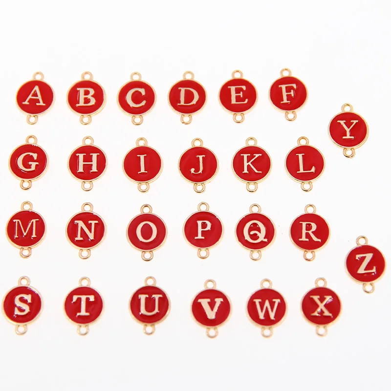 10/26pcs/lot Red Double hanging ring Letter Charms Enamel For Jewelry Making Alphabet Initial Pendant For DIY Bracelet Necklace