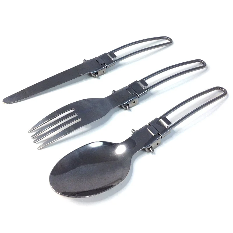 3 in 1 Portable Outdoor Camping Picnic Survival Set Picnic Tableware Stainless Steel Folding Fork and Spoon Tab with Bag Cutlery