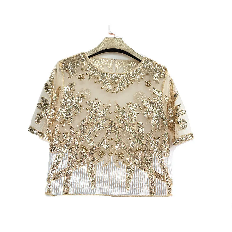 2023 Vintage elegant beading sequins mesh top bling perspective short sleeve t shirt women fashion tee shirt feme SIDAIMI