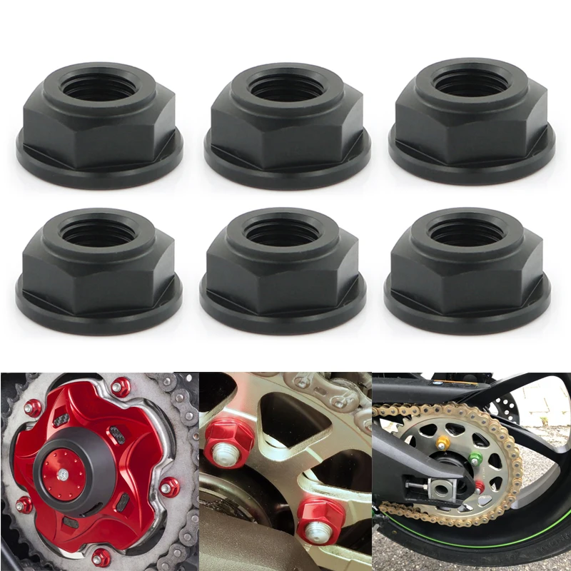 

For Honda Suzuki Yamaha Kawasaki Ducati 6 Pcs M10*1.25 CNC Rear Sprocket Nut Kit Aluminum T6-7075 Rear Wheel Axle Nut