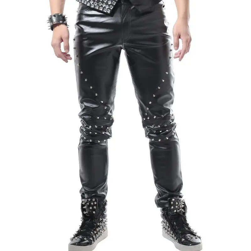

Black Rivet Leather Pants Male Slim Fit Skinny Bar Stage Performance Concert Rock Singer Drummer Leather Trousers DJ Costume
