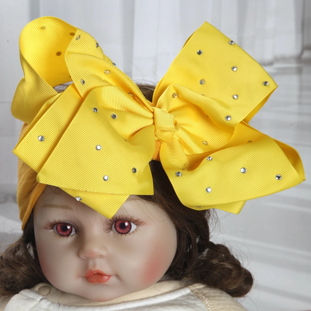 8inch bows Rhinestone Nylon Headbands Baby Girls Kids Soft Bows Knot Turban Hair Bands Baby Hair Accessories Children Headwear