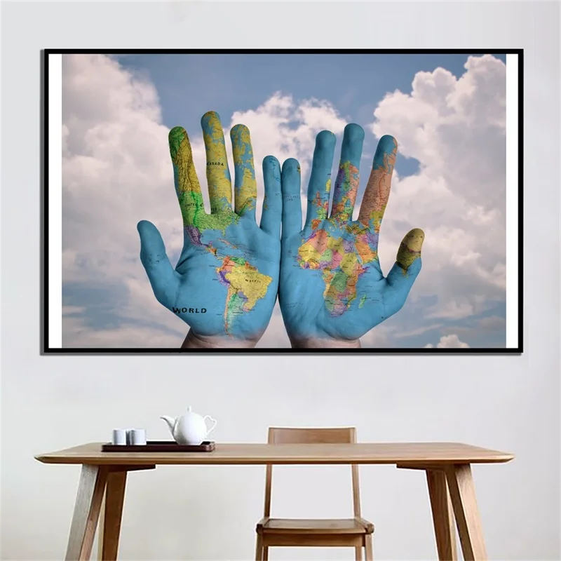 225*150Cm De Wereldkaart Hand Vorm Kaart Non-woven Canvas Schilderij Wall Art Poster Creatieve Prints klaslokaal Levert