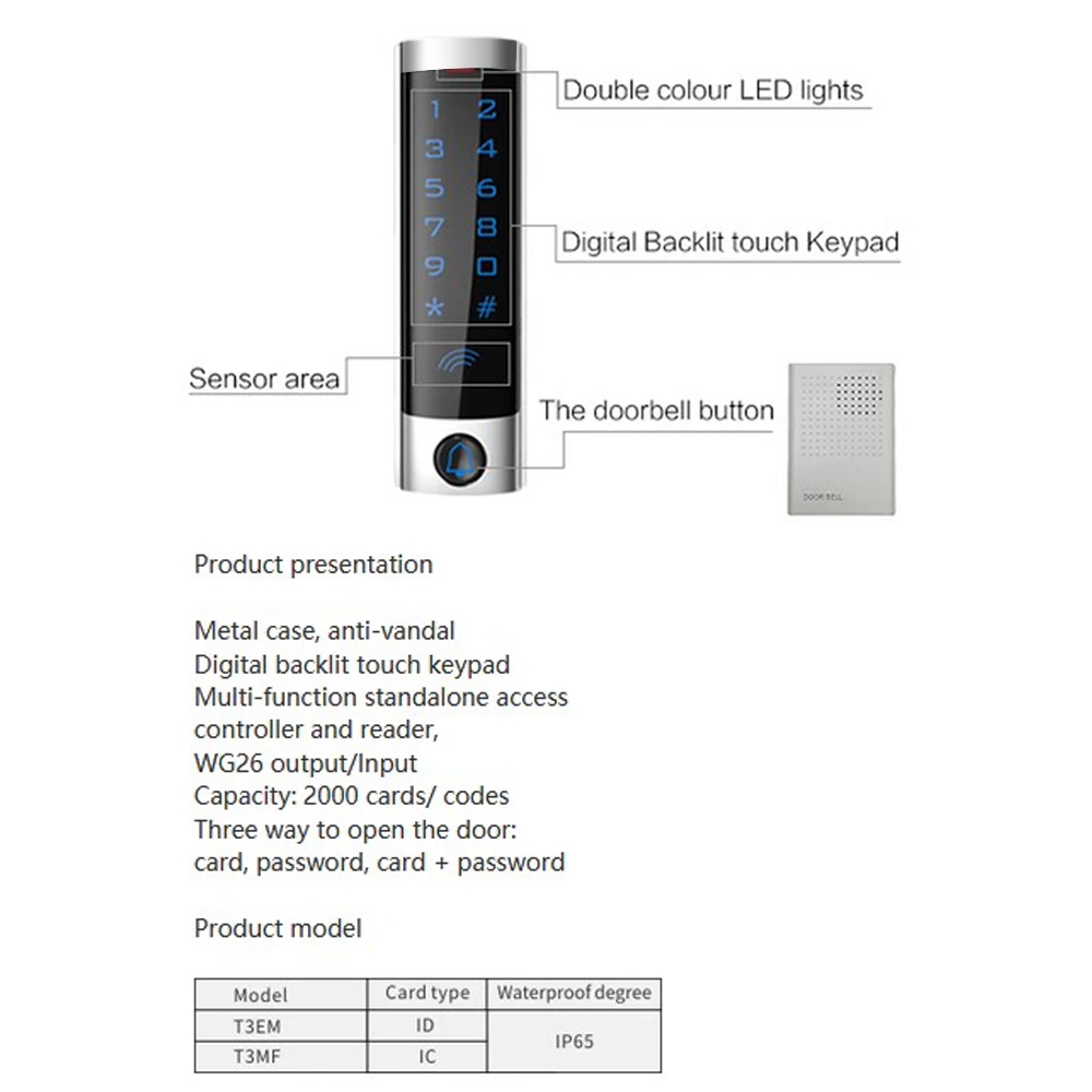 Access Lock Waterproof RFID Touch Keypad Access Control System Door Lock Metal Case 125KHz EM Card  Door Entry