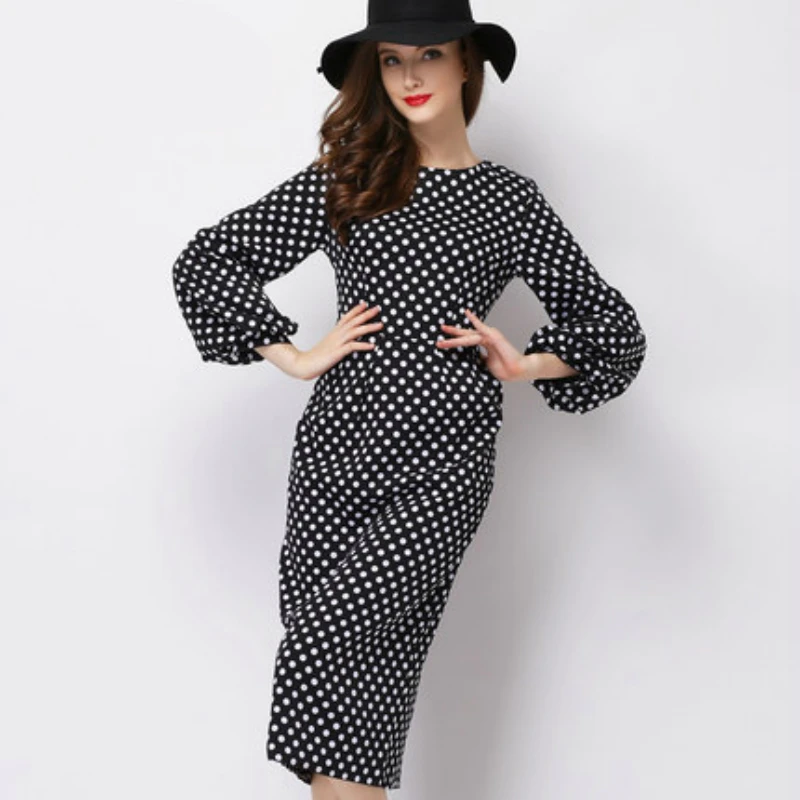 Plus Size Print Polka Dot Dress Women Long Lantern Sleeve Corset Package Hip Wrap Dress Women Sheath Black Red Fall Dress Ladies