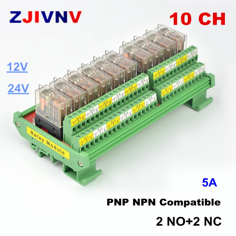 10 Channel DPDT Interface Relay Module 12/24VDC DIN Rail Panel Mount PNP NPN Compatible