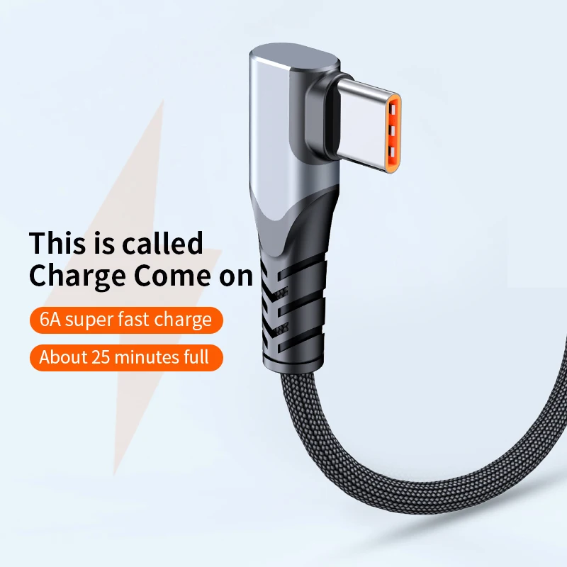 NEW 6A 66W Super Fast Charging Cable 90 Degree USB C Nylon Braided Cable Type C Data Cord For Huawei Xiaomi Samsung 1/2/3M