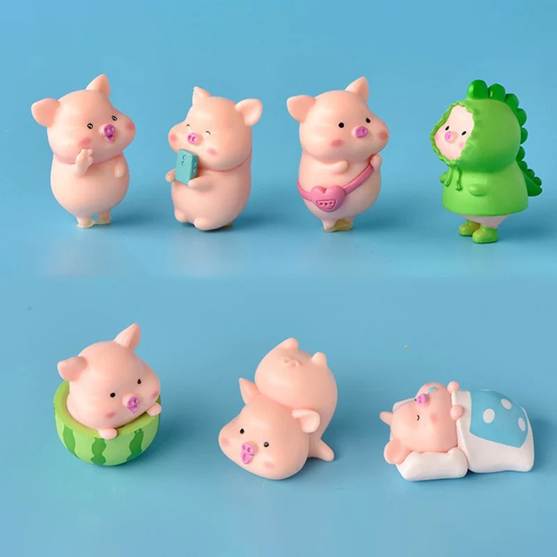 7pcs/set Creative Cute Cartoon Pig Animal Doll Toy Model Statue Figurine Ornament Miniatures Kids Play Toys