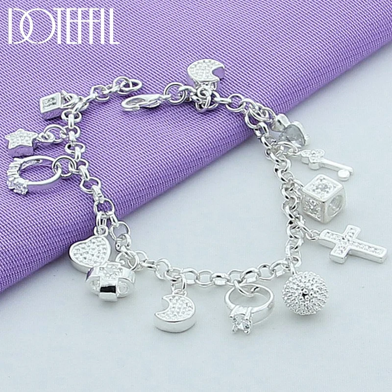 DOTEFFIL 925 Sterling Silver 24K Gold Moon Heart Lock Cross Bracelet For Men Woman Charm Wedding Party Fashion Jewelry