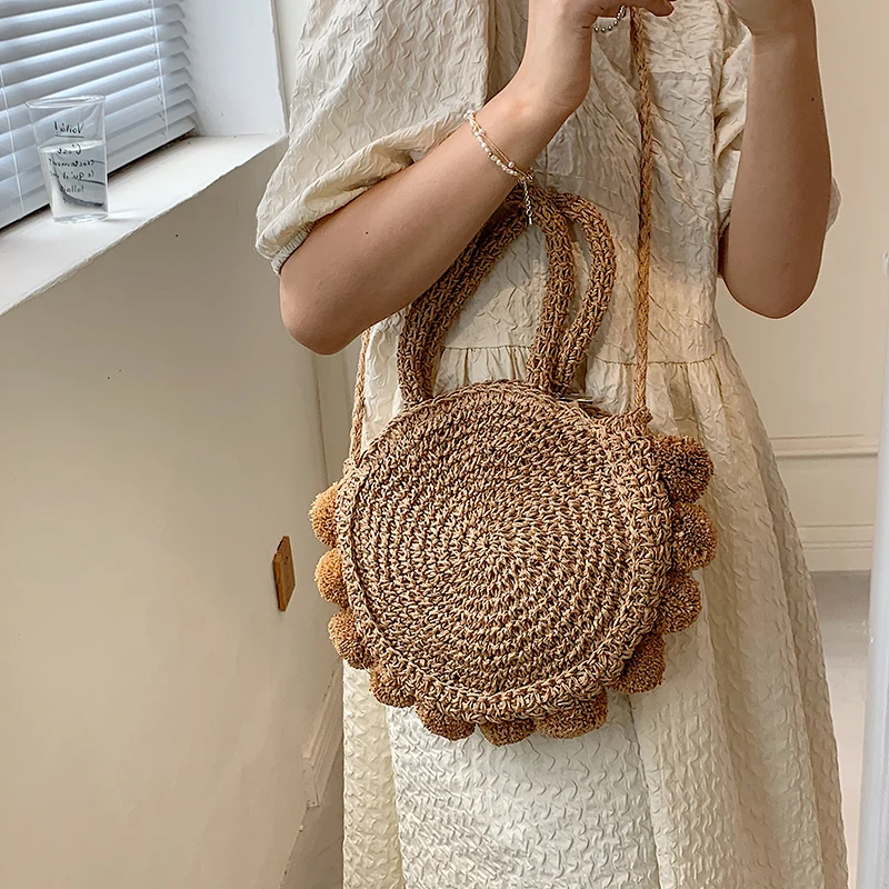 Cute Hand-woven Women's Round Shoulder Crossbody Handbag Bohemian 2021 Summer Straw Beach Tote Travel Weaving Shopping Bags