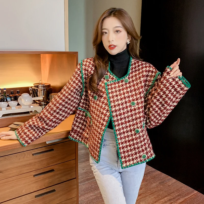 

Korean Fashion Houndstooth Woolen Coat Autumn Winter Women Plaid Double Breasted Pocket Loose Tweed Outerwear