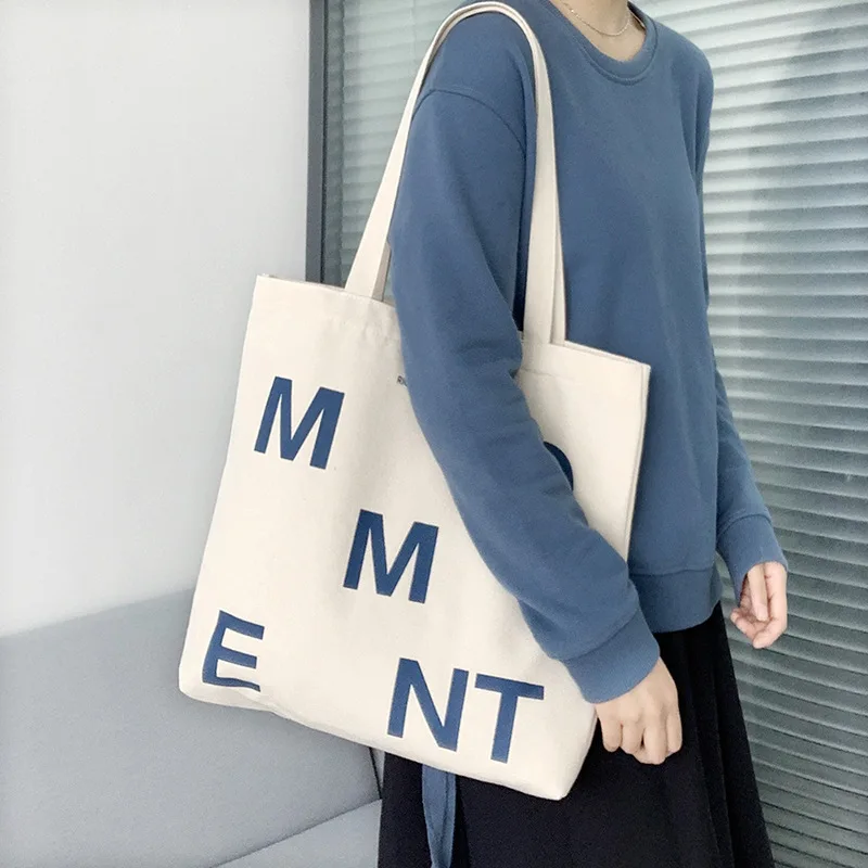 Women Canvas Shoulder Shopper Bag MOMENT Letter Printing Large Korean Cotton Cloth Ladies Handbag Eco Reusable Shopping Bag