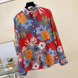 Plus Size M-4XL Ladies Vintage Loose Blouse Women Chiffon Shirt Floral Print Casual Office Lady OL Style Women Shirt Female