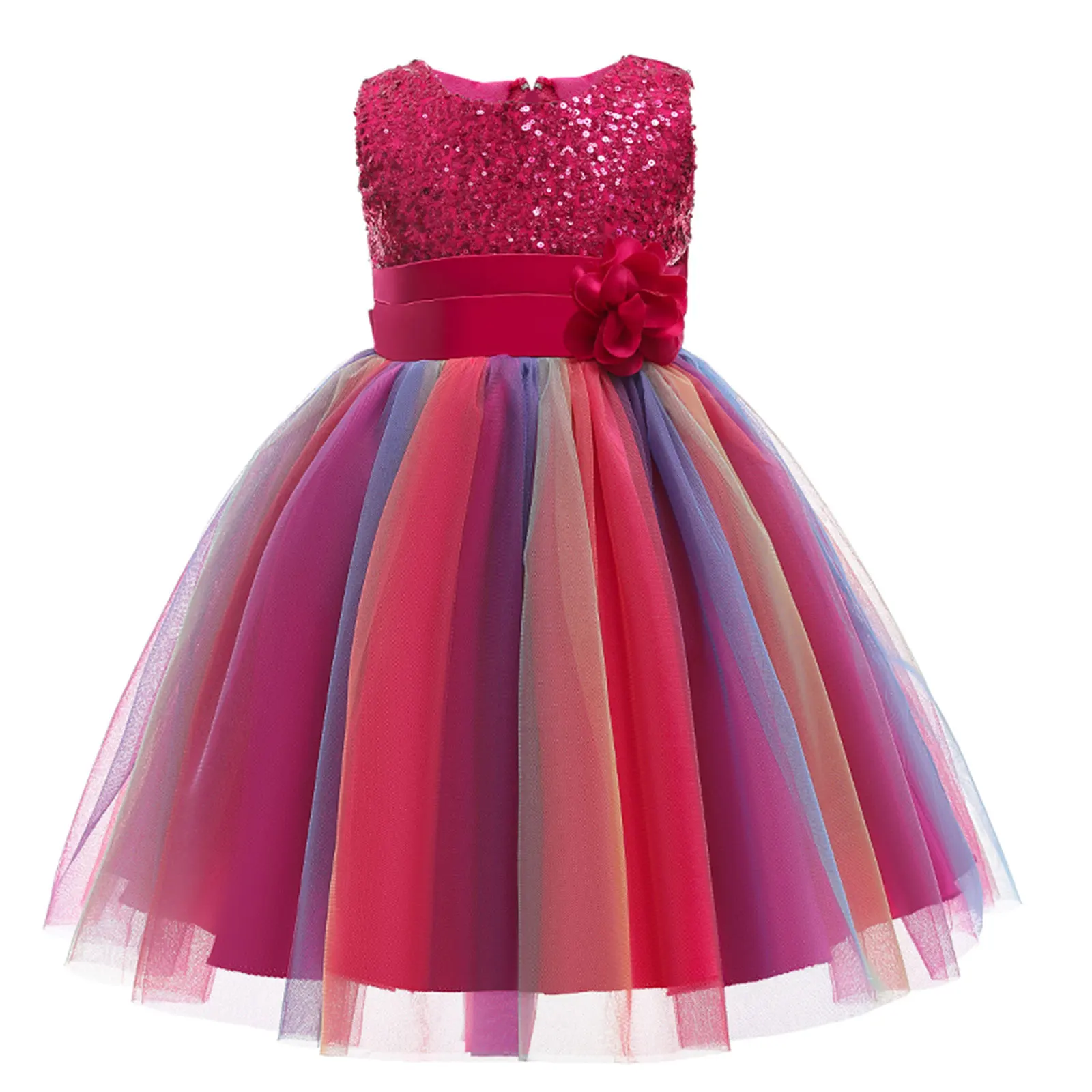 Toddler Baby Girls Formal Dresses Flower Sequins Round Neck Rainbow Mesh Tutu Princess Dress Wedding Party Gown Prom Dress