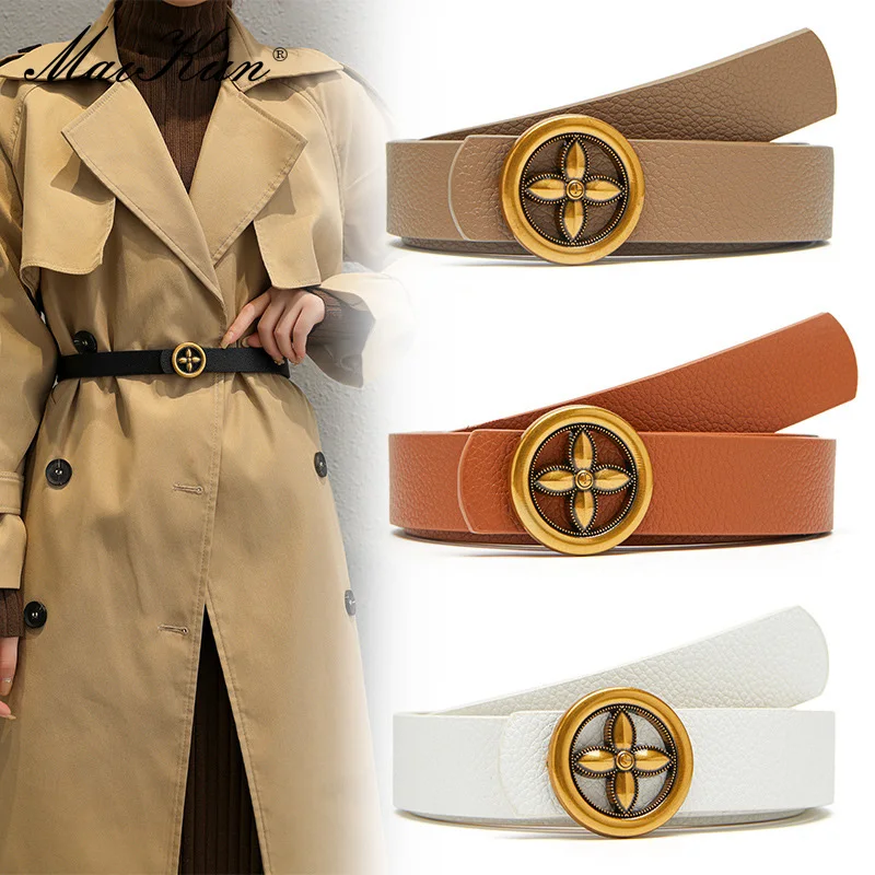 Maikun Plum Blossom Buckle Fashion Ladies Belt Round Buckle All-Match Solid Color Belt For Women For Jeans Trench Coat