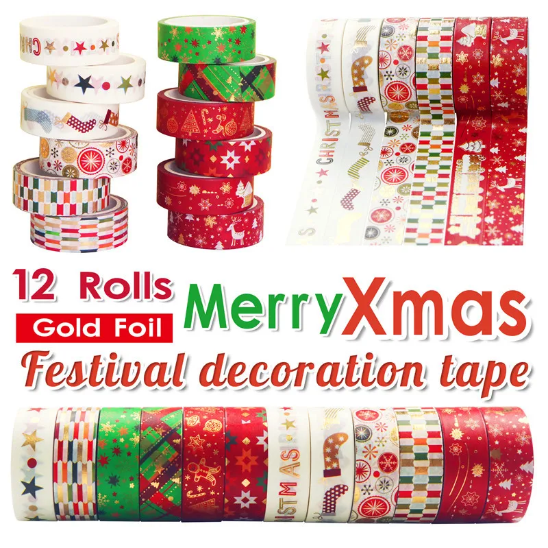 12Pcs/Set Christmas Washi Tapes Stars, Colored Stripes, Snow, Tree, stockings, snowman, Reindeer Kawaii Masking Tapes Stickers