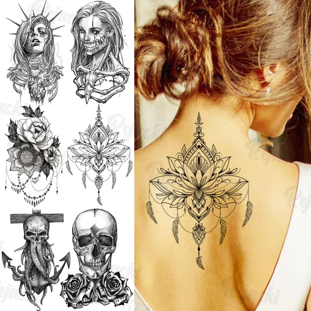 Large Henna Lotus Feather Temporary Tattoos For Women Men Vampire Octopus Skull Flower Fake Tattoo Sticker Sexy Back Tatoos 3D