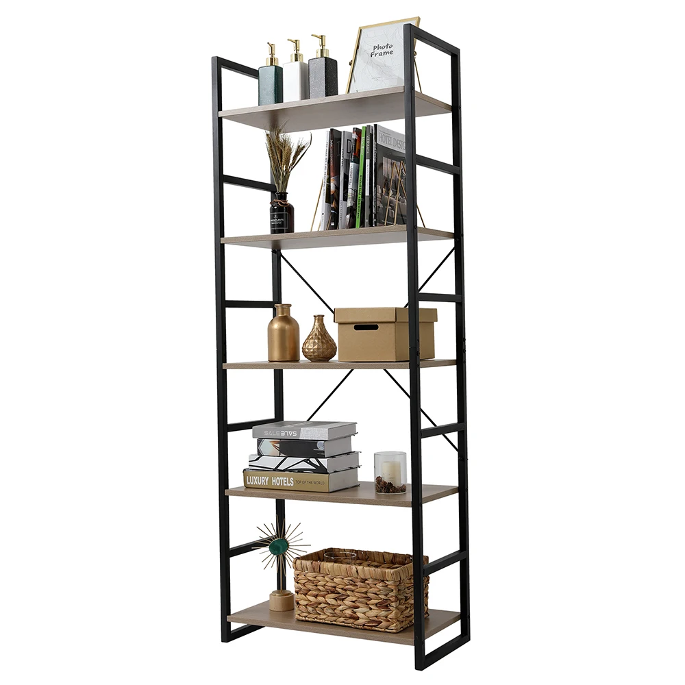 (59.94 x 29.97 x 157.99)cm 5 Tier Bookcase Shelf Storage Organizer Wood and Metal Bookshelf Rack Gray US Warehouse