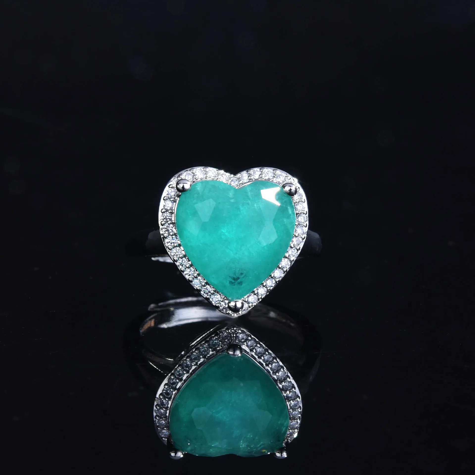 QTT New Luxury  Silver Wedding Jewelry Set Paraiba Tourmaline Stone Love Heart Pendant Necklace Resizable Ring CZ Earrings