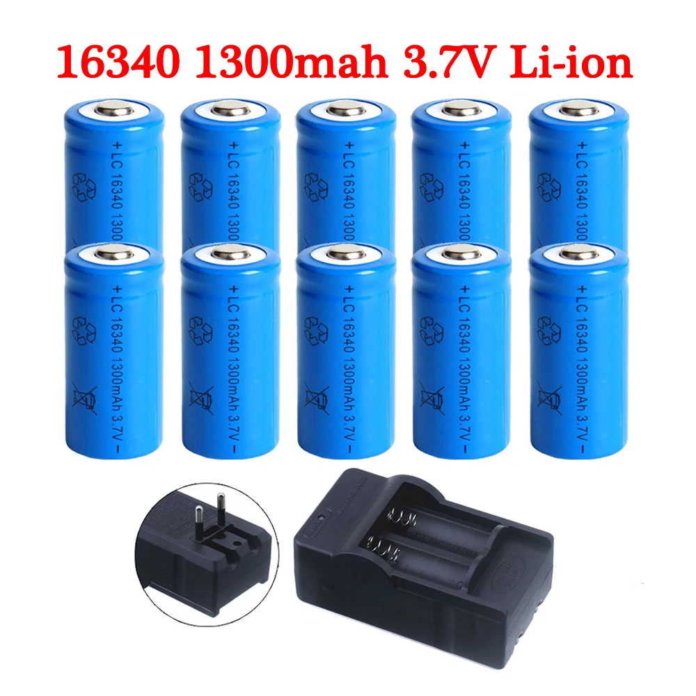 1300mah 3.7v 16340 baterias recarregáveis do li-íon cr123a e carregador da ue para a pena conduzida do laser da lanterna para a bateria 16340 cr123a