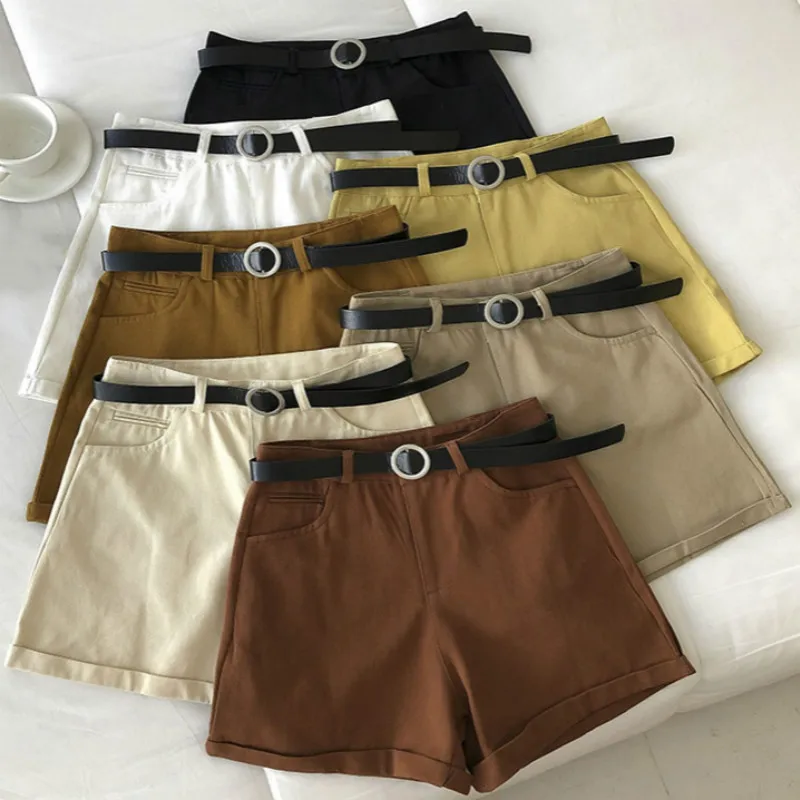 

Summer Women Casual Straight Solid Sweet Ladies Shorts Korean Button Shorts Empire A-Kine Sashes Mini Shorts Female