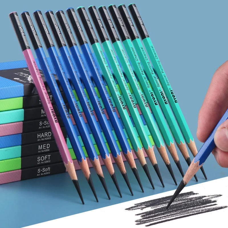 NYONI 10Pcs Professional Art Sketch Charcoal Pencils for Painting Soft/ Medium/Hard Drawing Pencil Tool for School Stationery