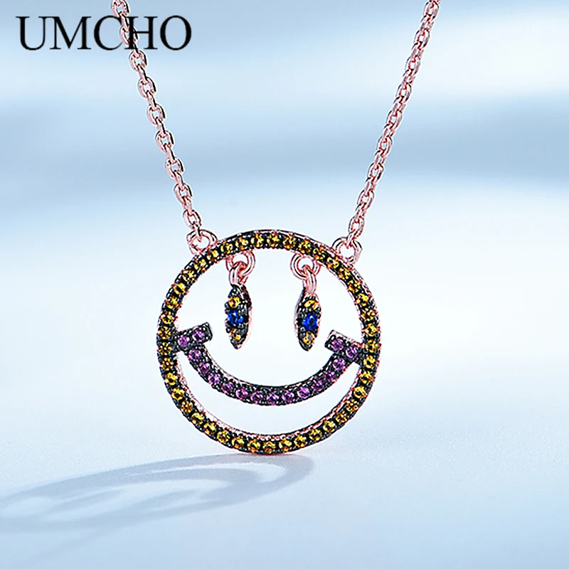 

UMCHO Elegant Necklaces Pendants 925 Sterling Silver Jewelry Created Rose Gold Color Character Smile Necklace Wedding For Mom