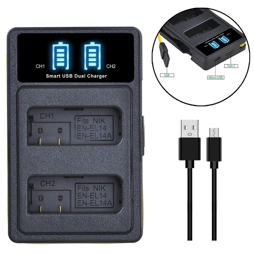 Bateria de 1100mah para nikon en el14 el14a, carregador de carga, modelo d5200 d3100 d3200 d5100 p7000 p7100