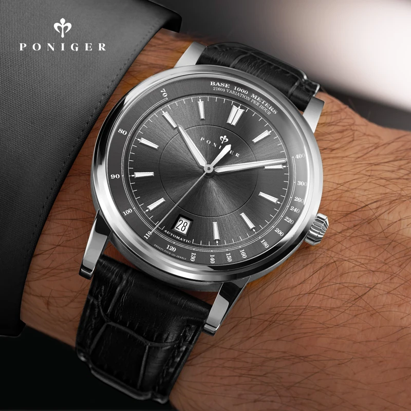 PONIGER Роскошные деловые часы из натуральной кожи с сапфировым стеклом, водонепроницаемые часы Seiko, мужские автоматические механические часы с датой