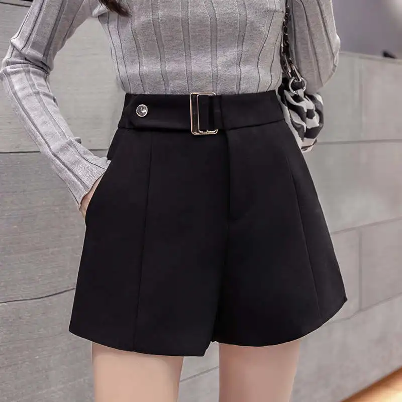 2022 Autumn Korean Fashion Suit Shorts Women Black Elegant A-Line Wide-Leg Winter Shorts Casual High Waist Womens Shorts C7797