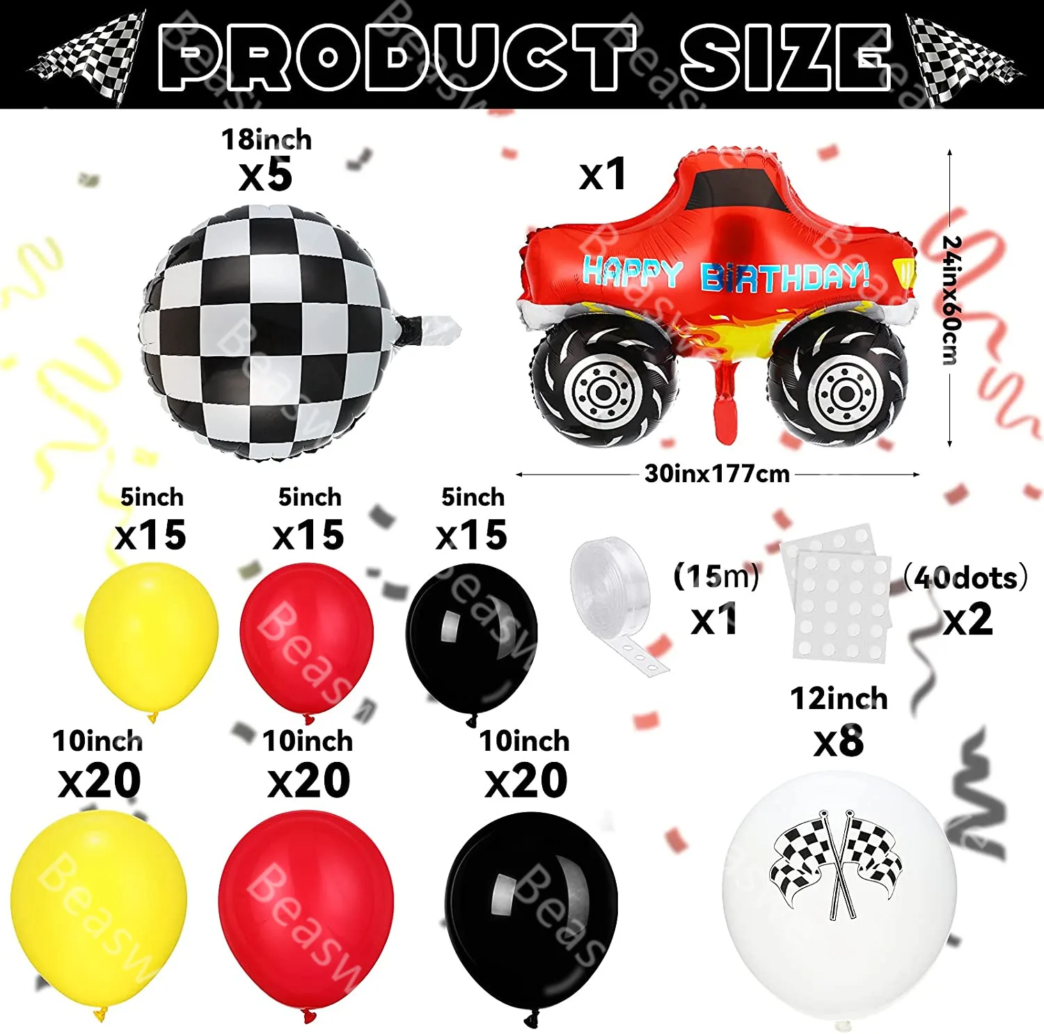 122 Pieces Racing Car Balloons Arch Kit Set Checkered Flag Balls Monster Truck Foil Balloons for Boy Birthday Party Decorations