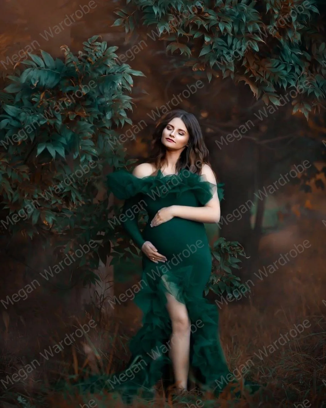 Chic Emerald Green One Shoulder Mermaid Maternity Dresses 2021 Women Sexy Side High Slit Ruffles Tulle Dress Stretchy Spandex