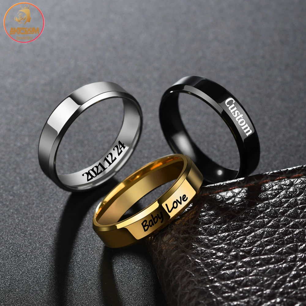 Akizoom Personalized Customized Engraved Name Couple Rings Stainless Steel for Women Men Wedding Band Lovers Engagement Gift