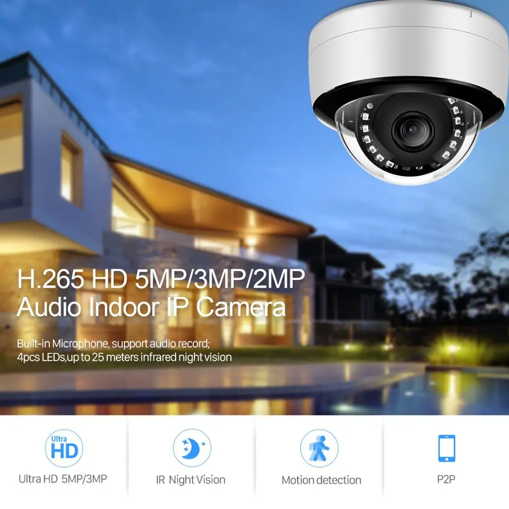 BESDER 5MP 3MP HD H.265 Audio IP Camera Infrared Night Vision 2.8mm Wide Angle 48V POE Security Video Surveillance Dome Camera