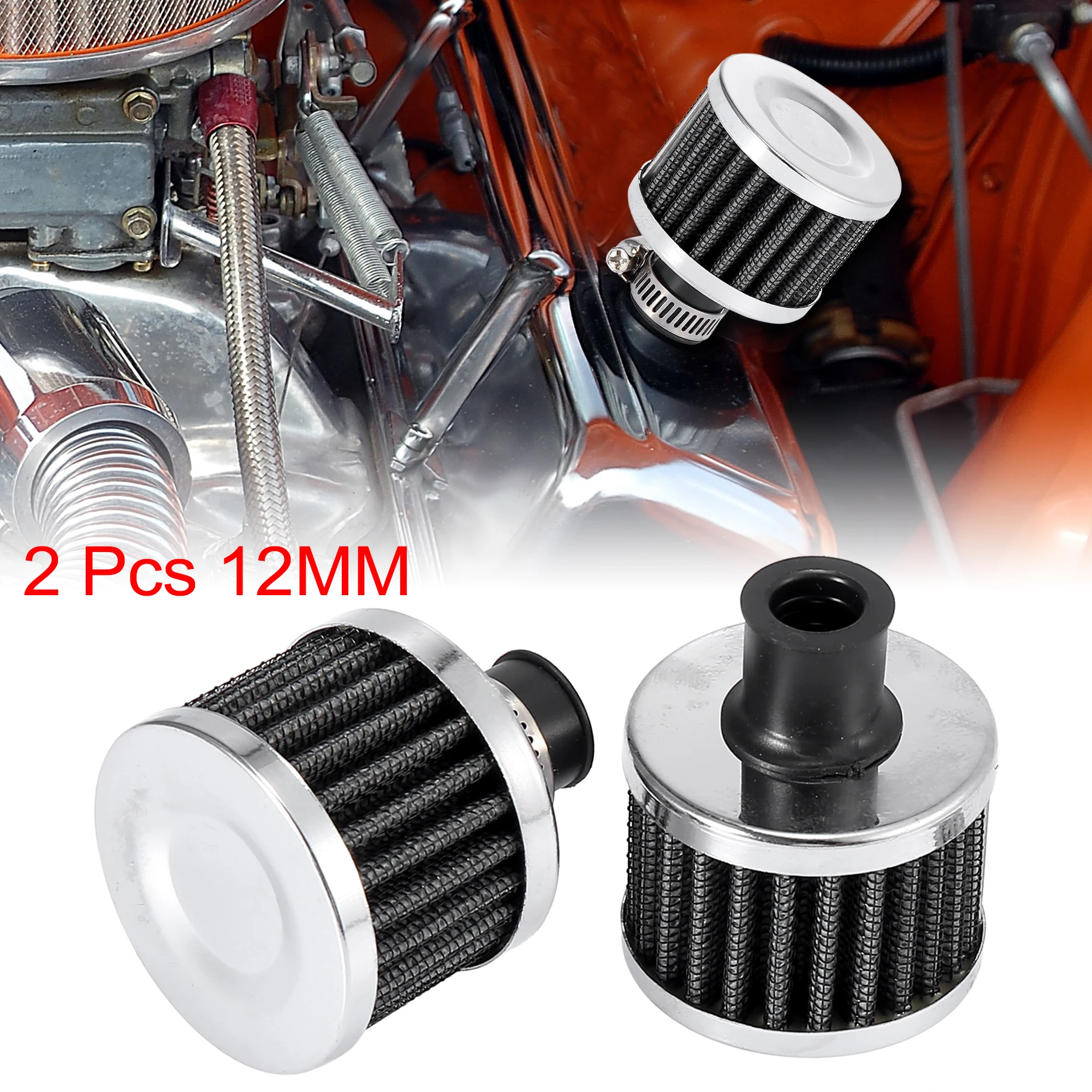 

Motoforti 2 Pcs 12mm Universal Air Filter Cleaner for Car with A Clamp Silver Tone Black