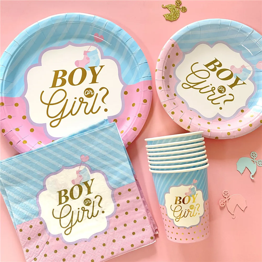 Pink Blue Boy Or Girl Gender Reveal Baby Shower Party Disposable Tableware Paper Plates Cups Decoration