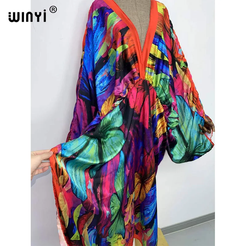 Sexy bech high-quality hand-rolled feel silk rayon fashion print 2021 WINYI Maxi women\'s robes long beach V-neck Bohemian dress