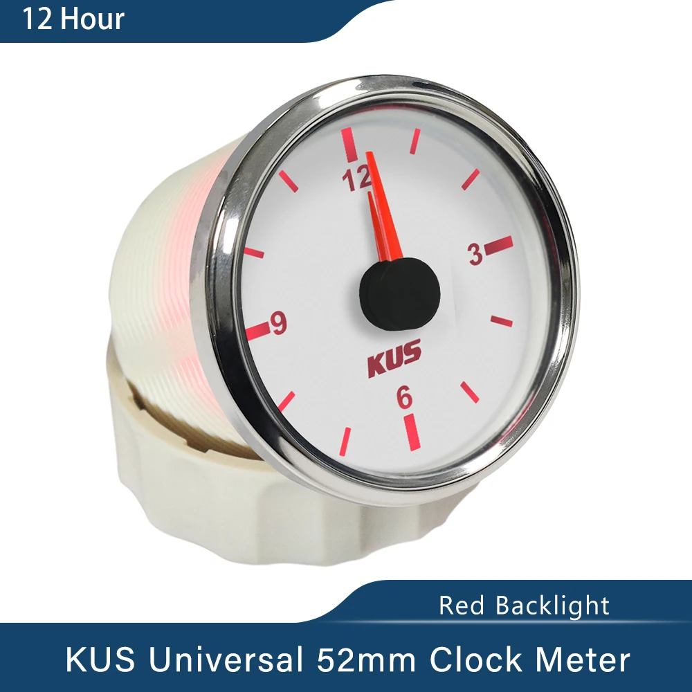 KUS Universal Car Boat Clock 12V 24V With Red Backlight 52mm Round Auto Yacht Accessories 12 Hour