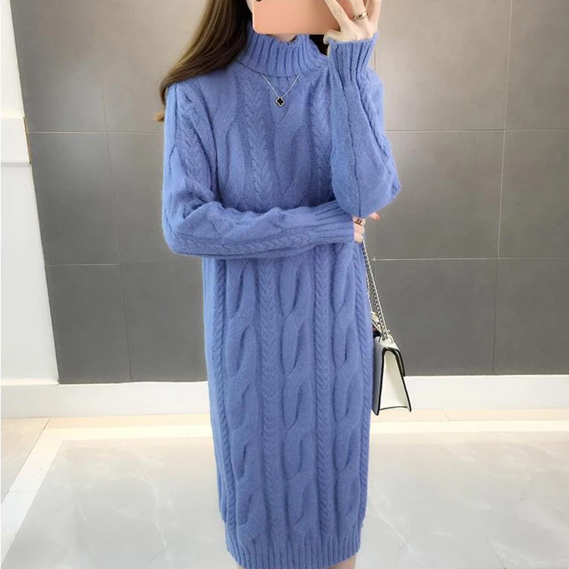 Winter Turtleneck Twist Knitting Dresses Women Warm Candy Color Rib Knited Pullover Dress Elegant Chic Solid Sweater Dresses