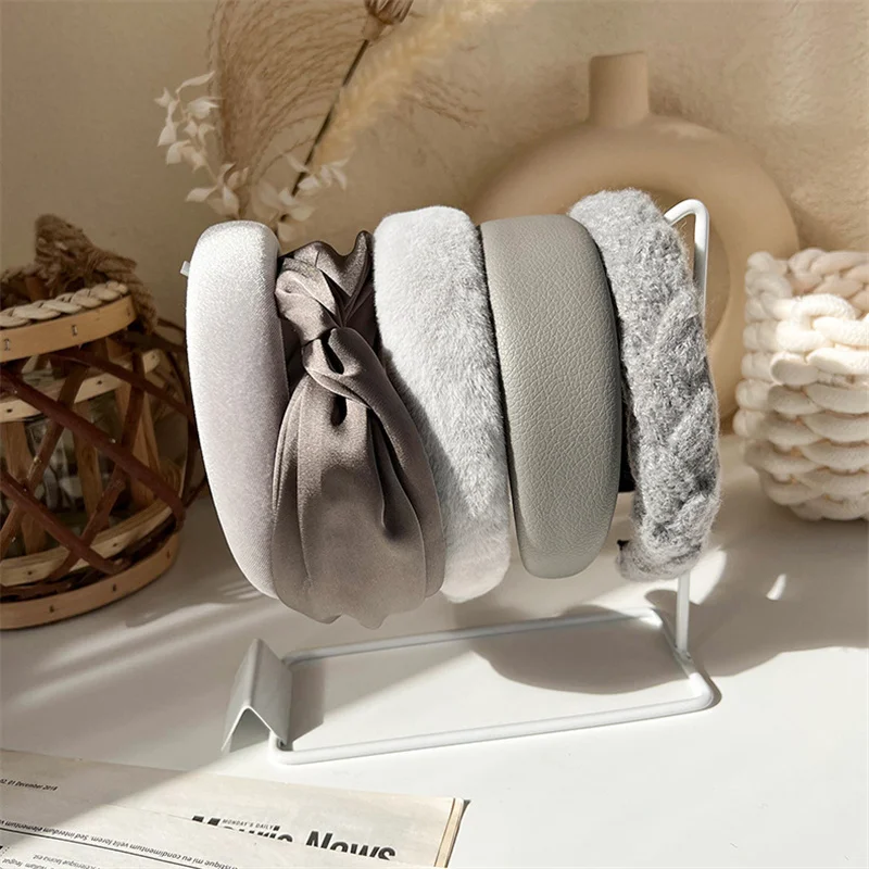 Korea Fashion Gray Series Sponge Hairband Wide Padded Headband Womens Girl Solid Color Knotted Hairbands Hair Hoop Accessories