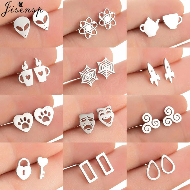 Lovely Stainless Steel Earrings for Women Fashion Jewelry 2021 Punk Paw Lighter Rocket Earings Spider Web Studs Christmas Gifts