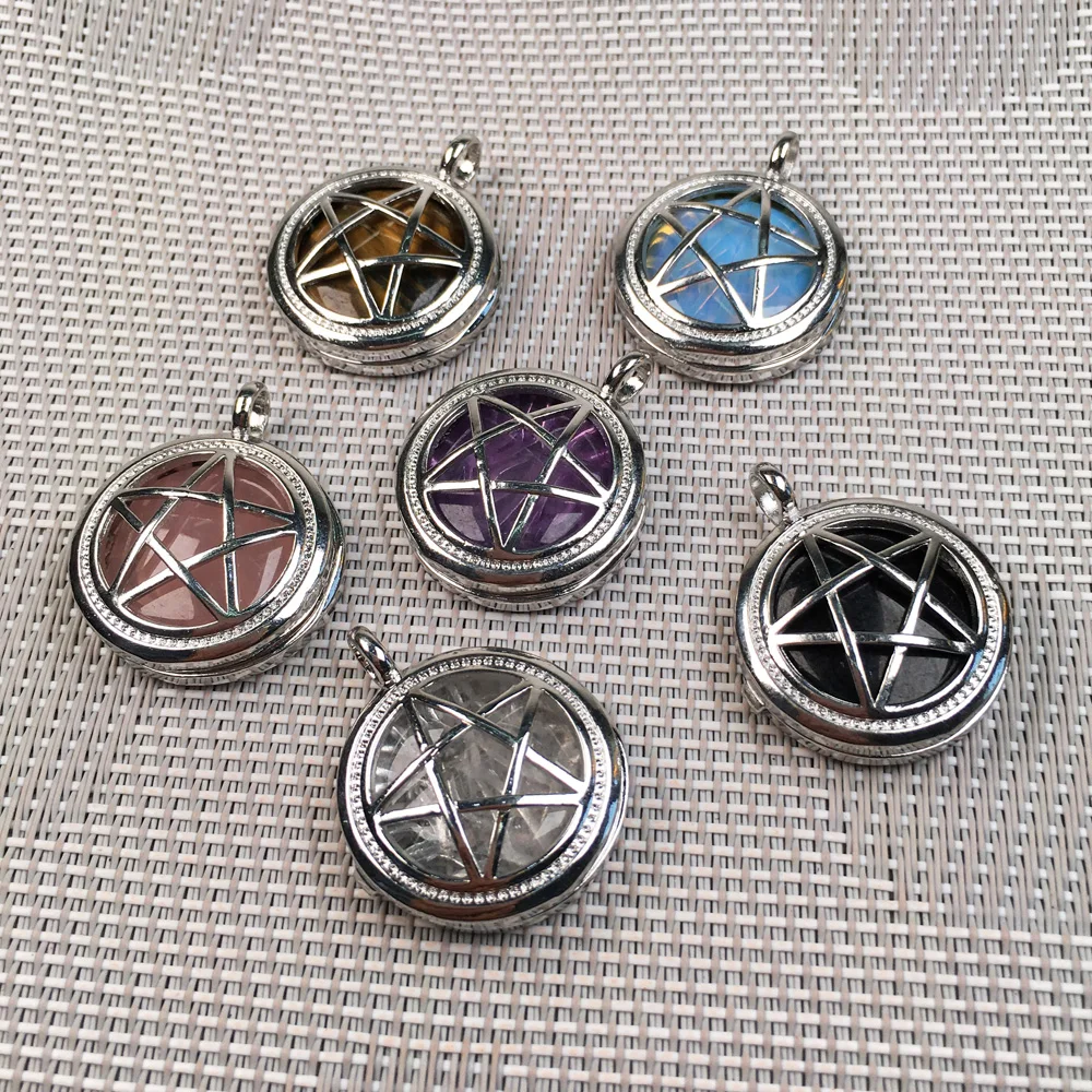 

Natural Semi-precious Stone Pendant Round Pentagonal Alloy Cage Charms For Jewelry Making DIY Necklace Accessories Gift