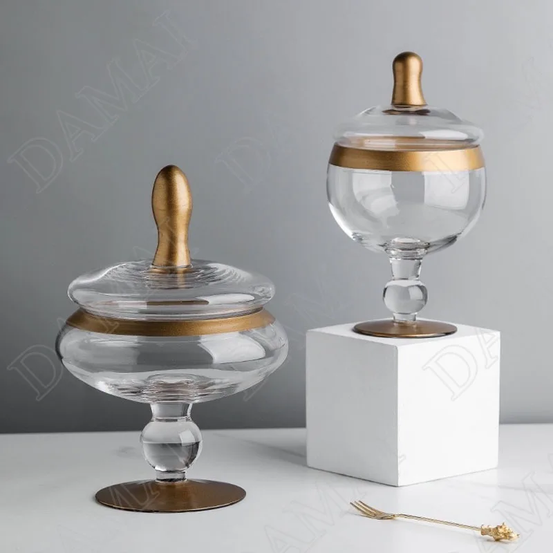 

European Glass Storage Jar with Lid Golden Stroke Living Room Candy Organizer Wedding Center Dessert Showcase Home Decoration