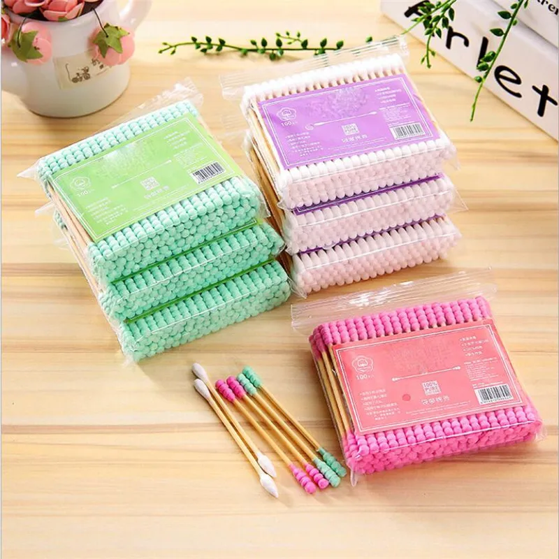 100 Pcs/Pack Colorful Double Head Cotton Swab Sticks Female Makeup RemoverCotton Buds Tip For Medical Nose Ears Cleaning