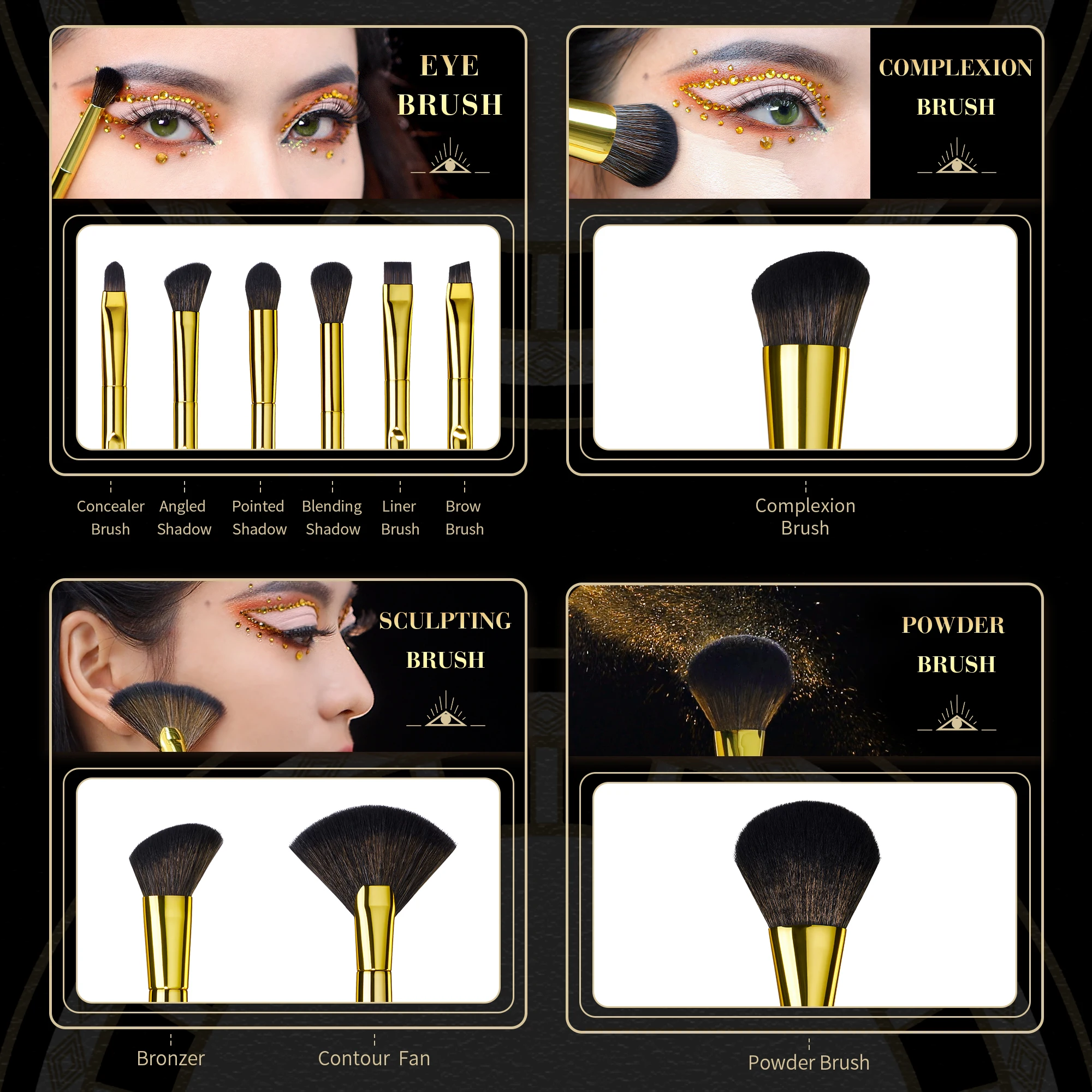 Jessup Makeup Brushes Set 10pcs Vintage Golden Powder Foundation Eyeshadow Eye Liner Brow Concealer Brush Synthetic Hair