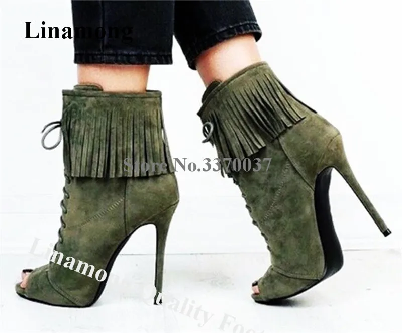 

Linamong Charming Peep Toe Suede Leather Stiletto Heel Short Gladiator Tassels Boots Green Fringes Lace-up High Heel Ankle Boots