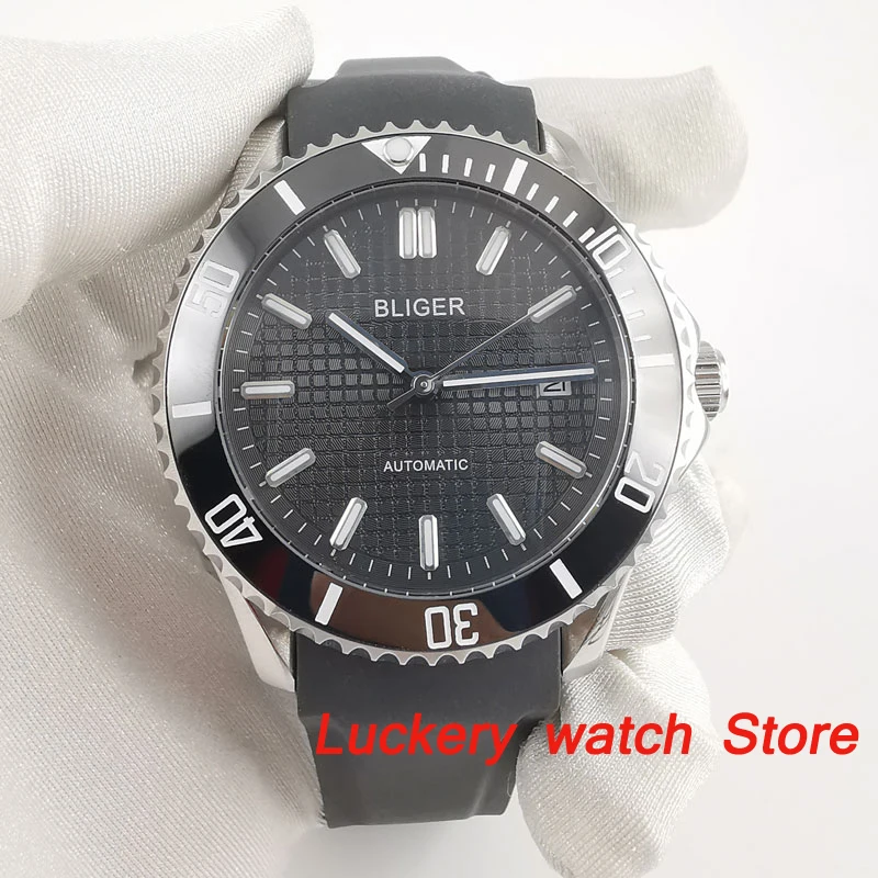 Bliger 41mm 남성용 시계 블랙 다이얼 사파이어 글래스, 세라믹 베젤 자동 무브먼트 야광 럭셔리 시계